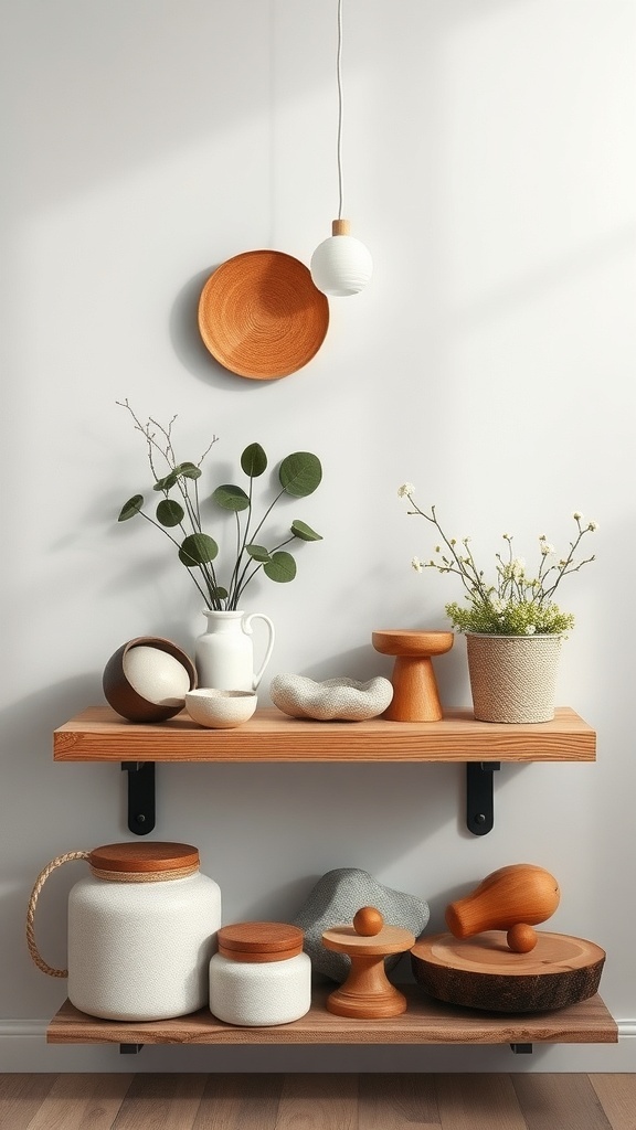 A shelf styled with natural elements and earth tones, featuring wooden shelves, ceramic vases, and greenery.