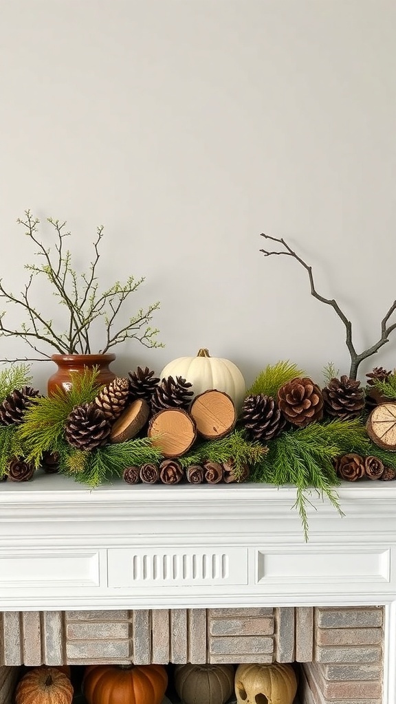 A rustic Halloween mantle display featuring pinecones, wooden slices, a white pumpkin, and greenery.