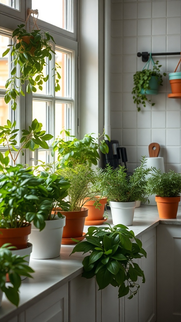 A cozy kitchen with various potted plants on the countertop and hanging plants by the window.