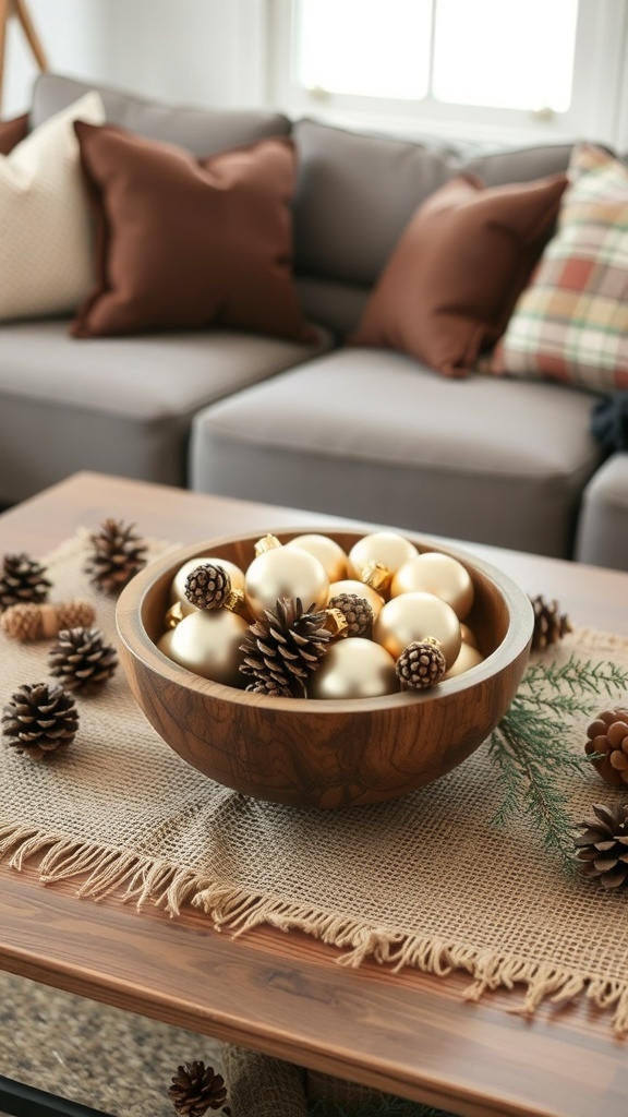 A wooden bowl filled with golden ornaments and pinecones on a burlap table runner, surrounded by cozy pillows on a couch.