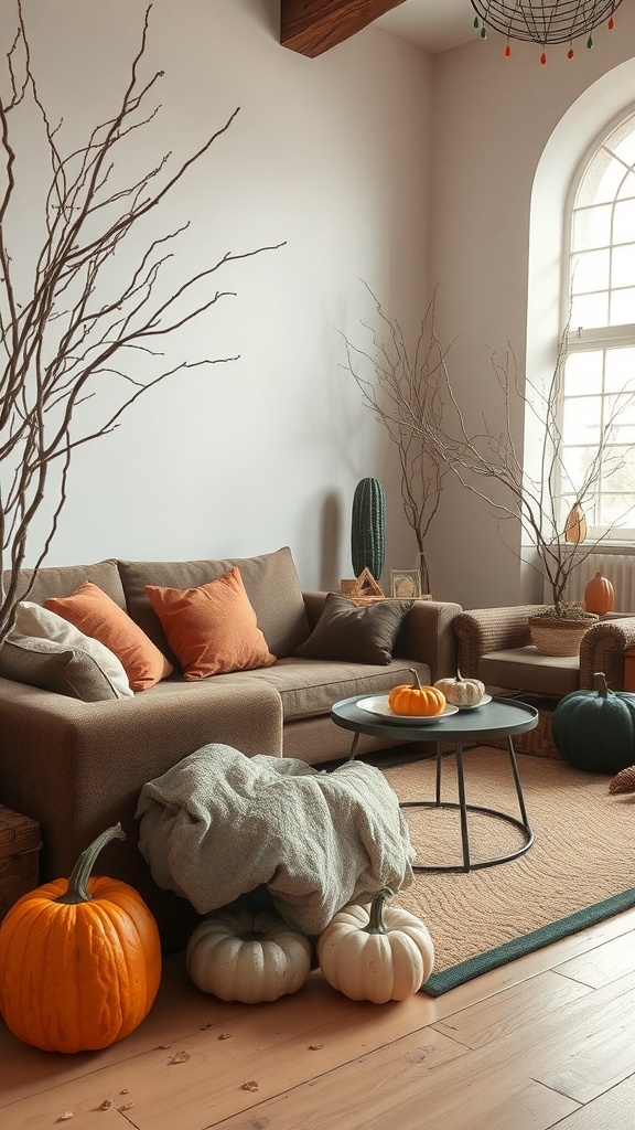 Cozy living room with dried branches and pumpkins for Halloween decor