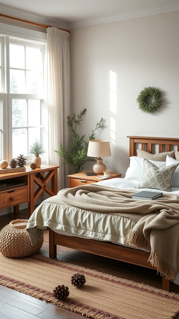 A cozy bedroom decorated with natural elements, featuring wooden furniture, soft blankets, and greenery.