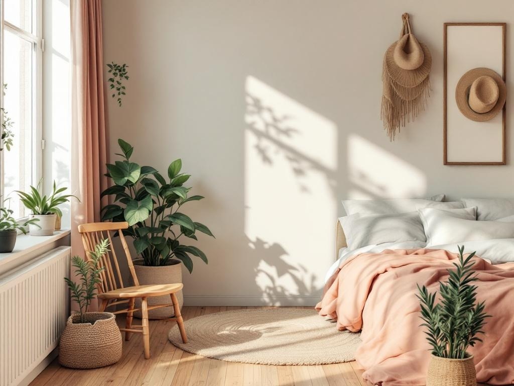 Cozy bedroom with plants, soft bedding, and natural light