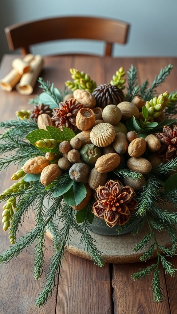 A festive centerpiece made of dried fruits and greenery on a wooden table.