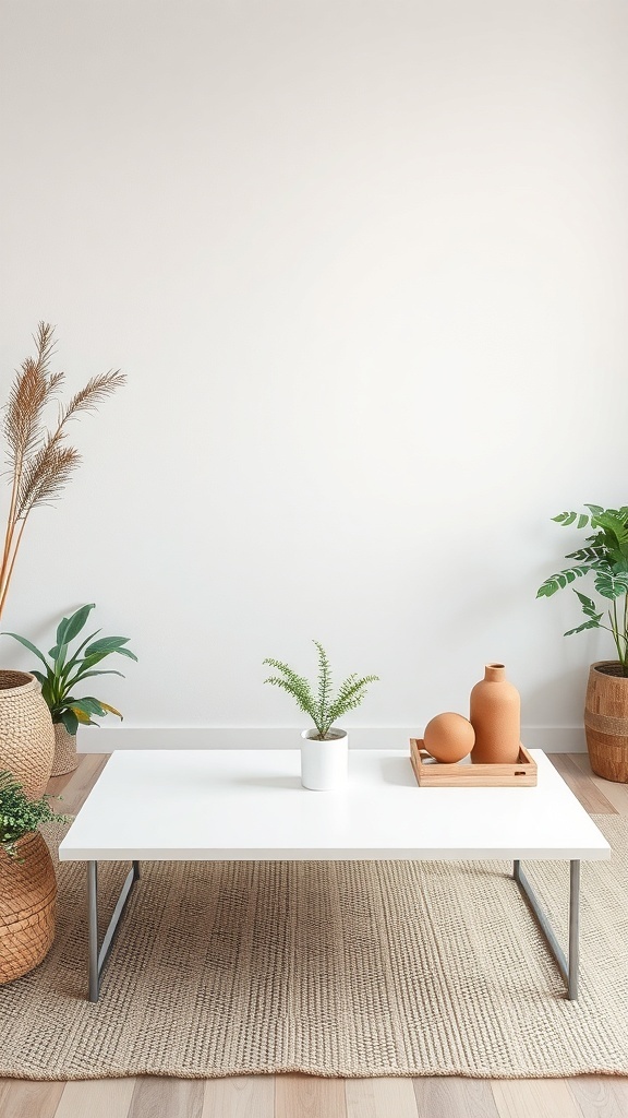 A white coffee table surrounded by plants and natural decor.