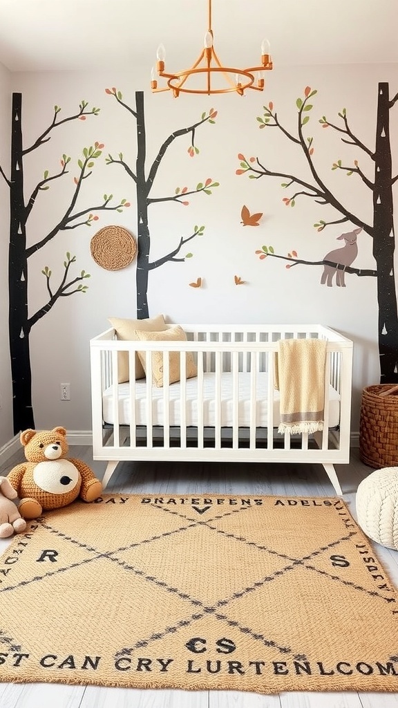 Natural fiber rug in a woodland nursery with a crib and playful wall decor.