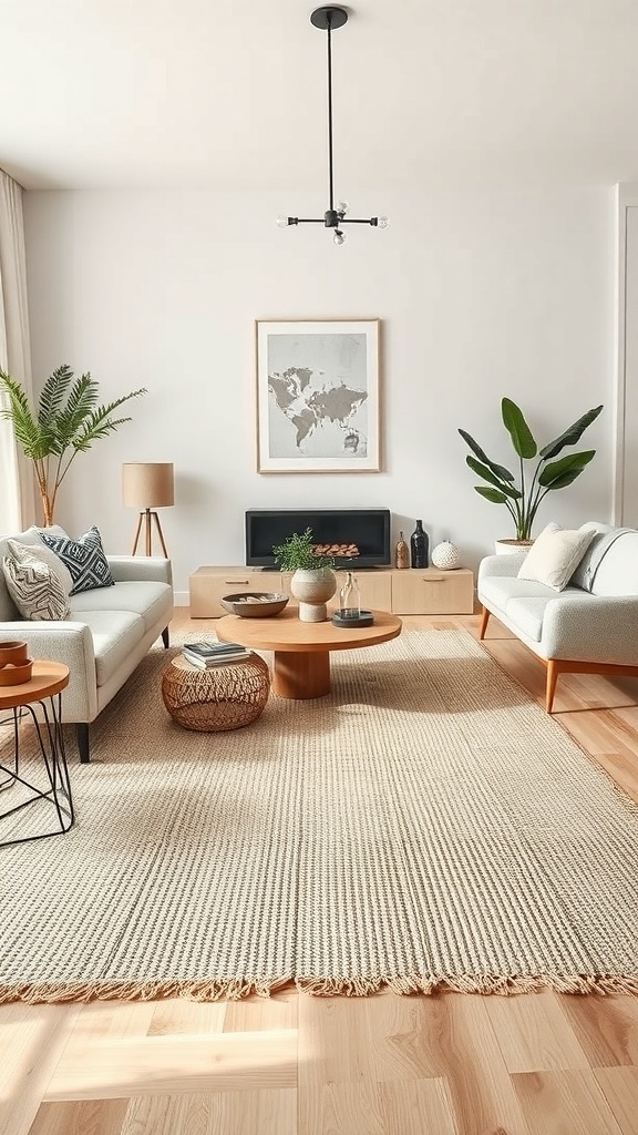 A cozy living room with a natural fiber rug, featuring light wooden floors, modern furniture, and plants.