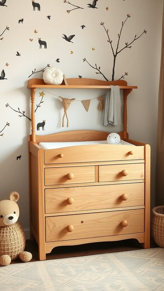 Natural finish solid wood dresser in a nursery with woodland theme decor