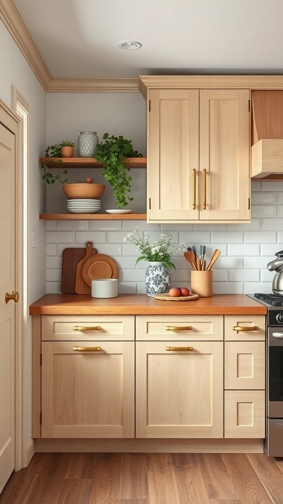 White oak kitchen cabinets with brass hardware and open shelving, featuring plants and decorative items.