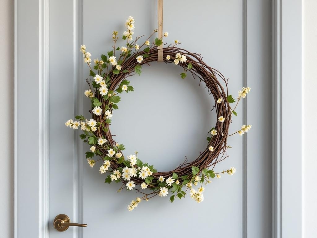 A natural grapevine wreath with white flowers and green leaves hanging on a light blue door.