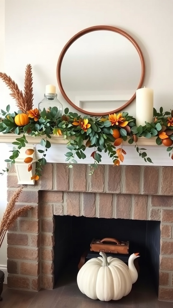 A beautifully decorated mantel with natural greenery and garland, featuring pumpkins and flowers, set against a brick fireplace.