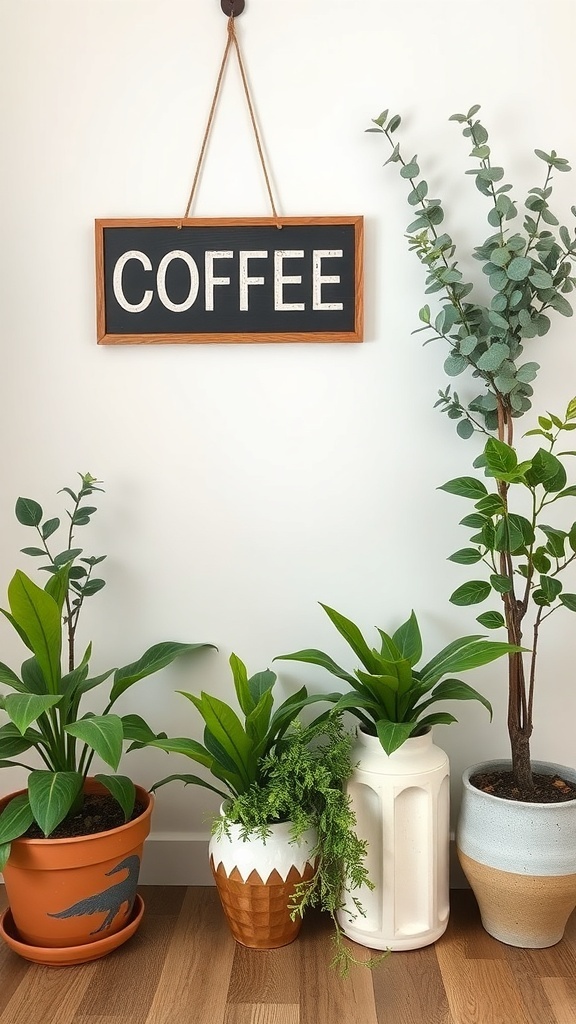 A cozy coffee corner featuring various potted plants and a sign that says 'COFFEE'.