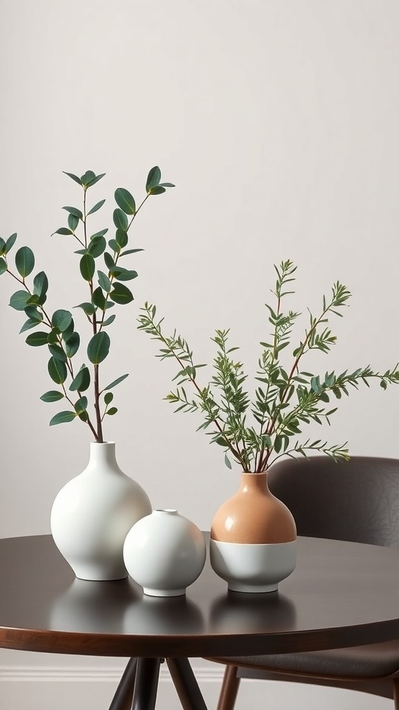 A minimalist display of natural greenery in vases on a table.