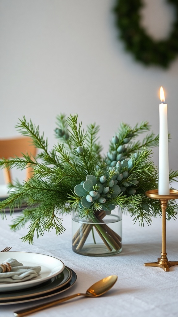 A minimalist table setting featuring a glass vase with natural greenery, a taper candle, and elegant dishware.