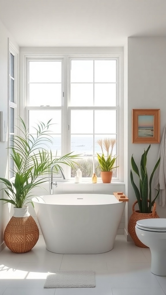 Bright coastal bathroom with large windows, plants, and a freestanding tub