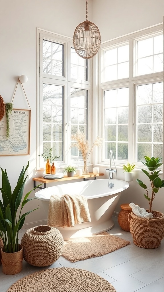 Bright bathroom with large windows, plants, and cozy decor