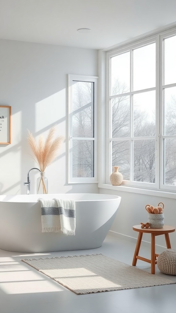 A bright Scandinavian bathroom with large windows, a freestanding tub, and soft textiles.