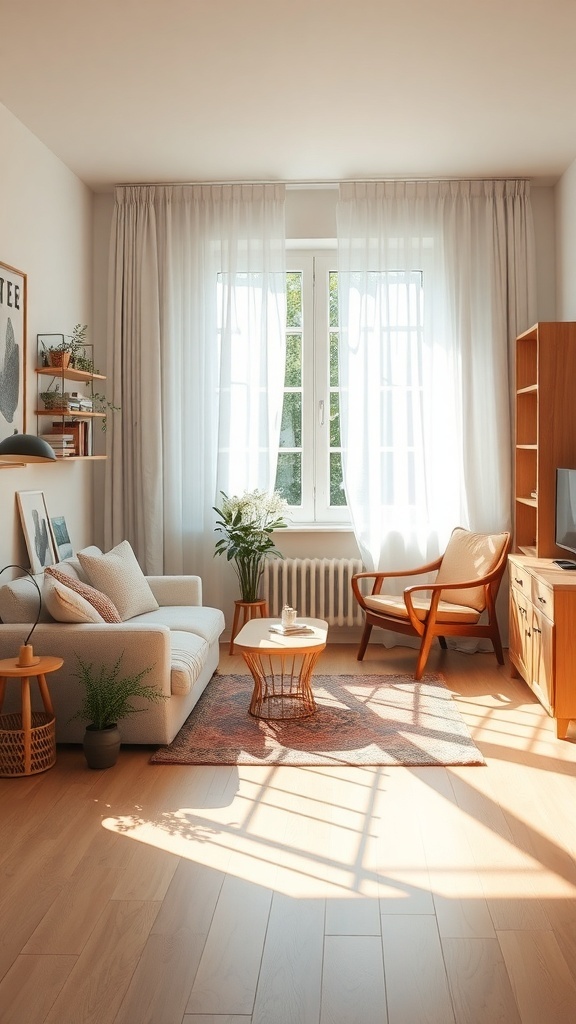 A bright and inviting studio apartment with large windows, sheer curtains, and natural decor.