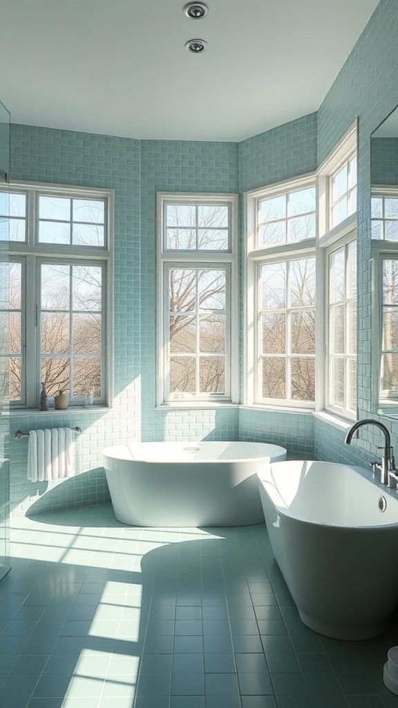 A contemporary bathroom featuring glossy sea-green wall tiles in a herringbone pattern, large windows allowing natural light, and a sleek freestanding tub.