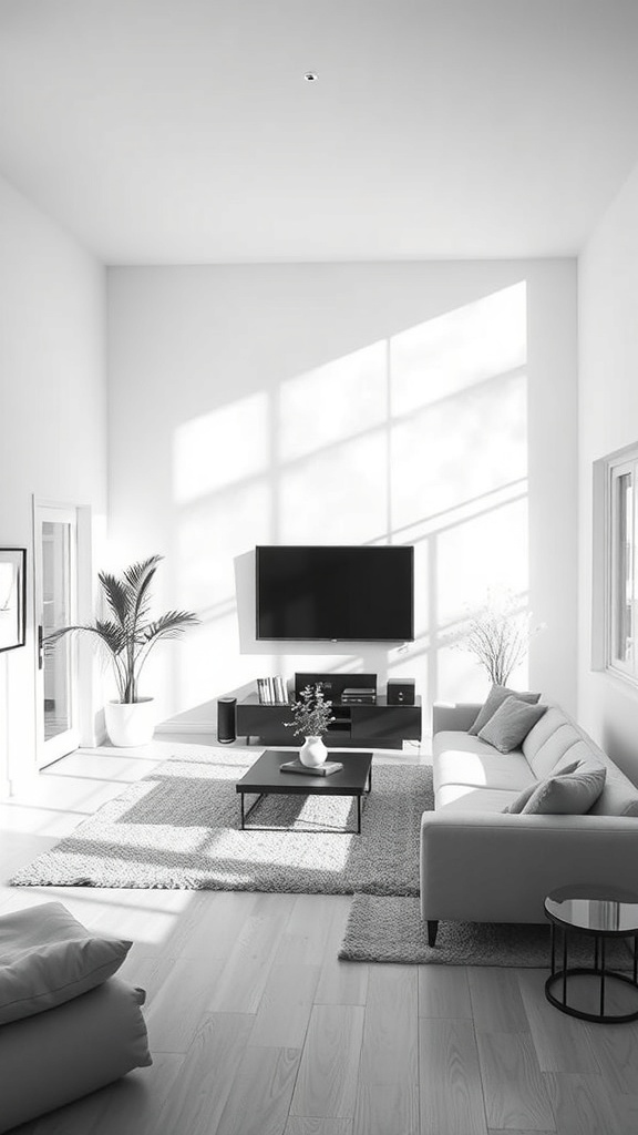 A minimalist black and white living room with natural light streaming in through large windows.