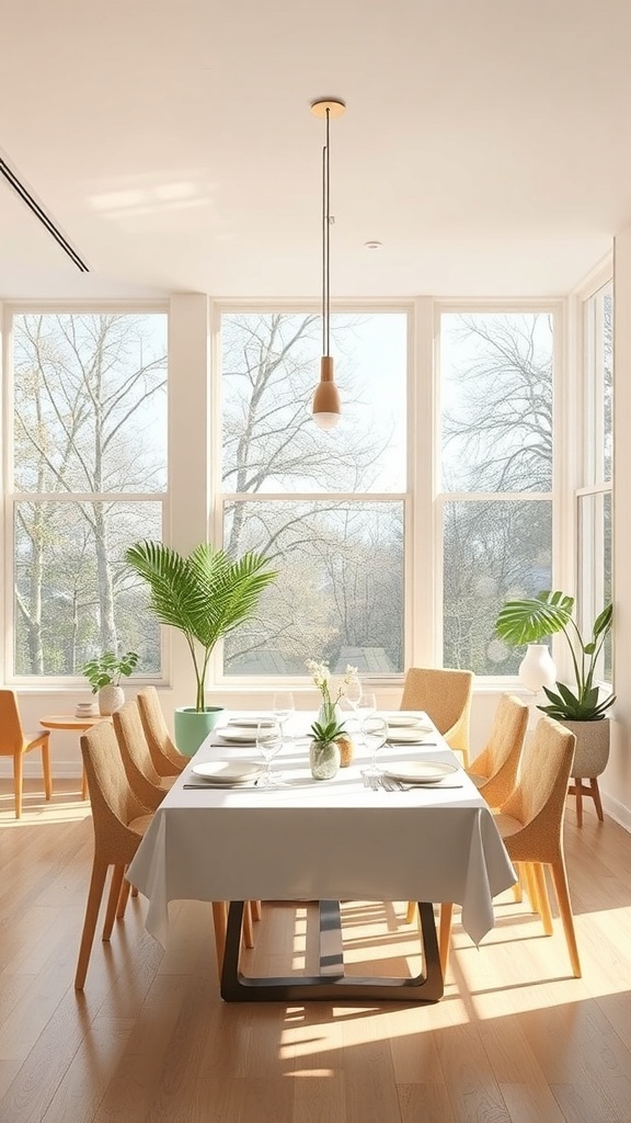 Modern dining room with large windows allowing natural light, featuring velvet chairs and a minimalist pendant light.
