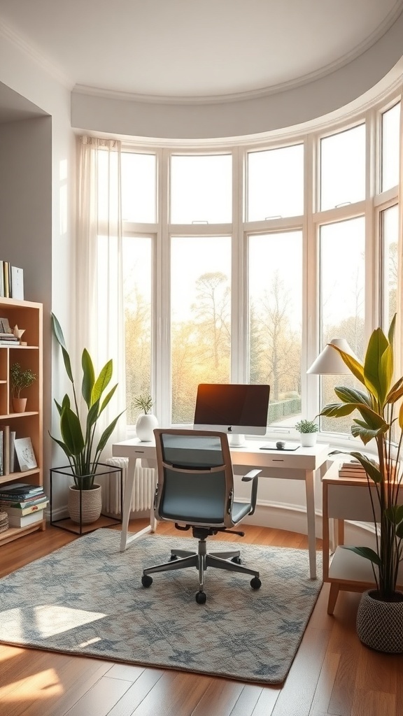 A stylish home office with large windows allowing natural light, featuring a wooden desk, plants, and a cozy atmosphere.