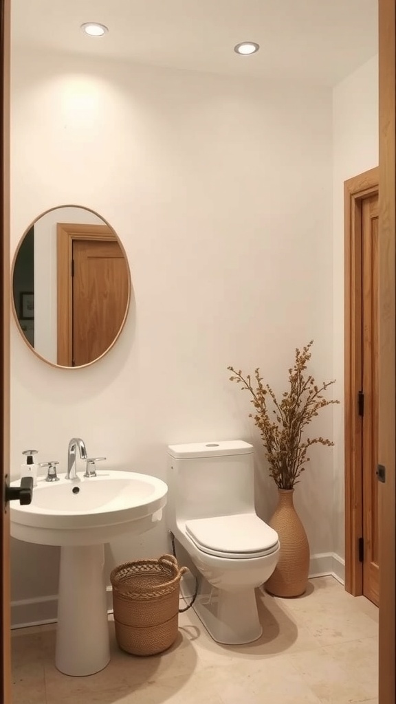 A bathroom featuring a warm, neutral color scheme with a natural linen shade.