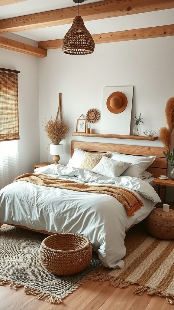 A serene modern minimalist bedroom featuring wooden furniture, woven rugs, and soft bedding.