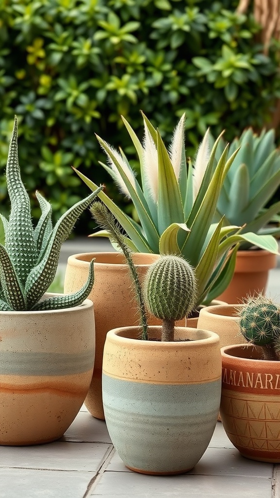 A collection of boho ceramic plant pots with various plants, showcasing natural materials and finishes.