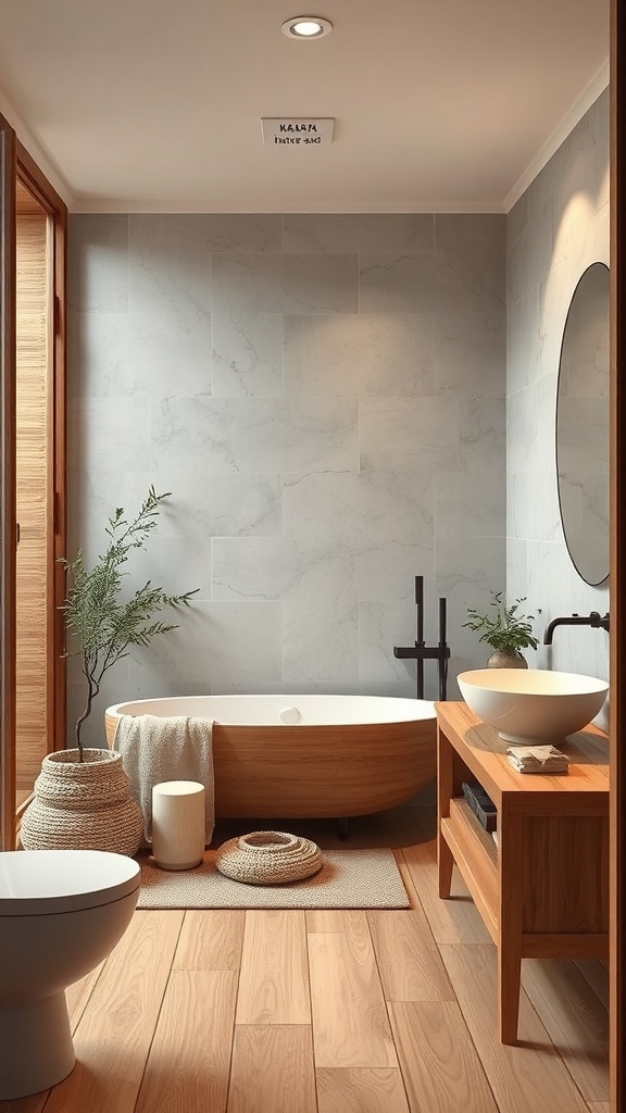 A modern bathroom featuring natural materials, including a wooden bathtub, stone walls, and plants.
