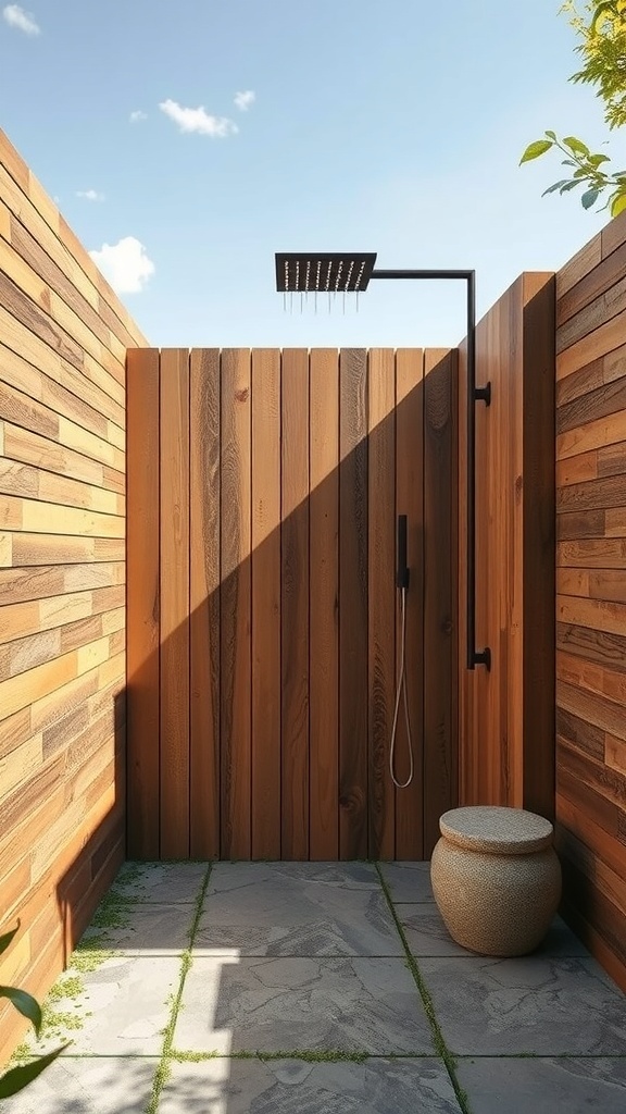 An outdoor shower featuring wooden walls and stone flooring, with a modern showerhead.