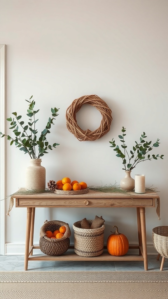 A neutral-themed entryway table with greenery, oranges, and a rustic wreath.
