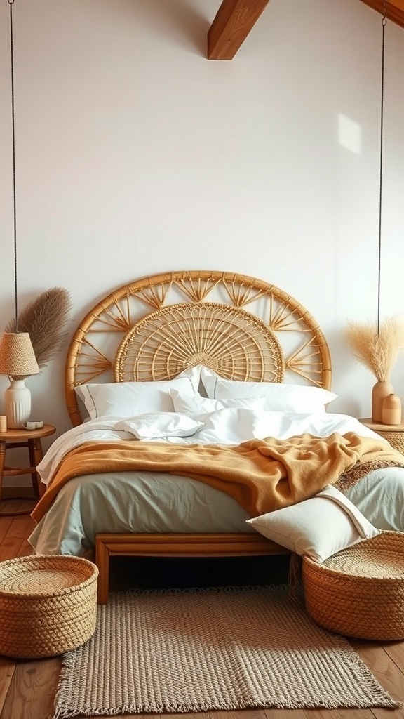 A cozy bedroom featuring a natural rattan headboard, soft bedding, and woven decor elements.