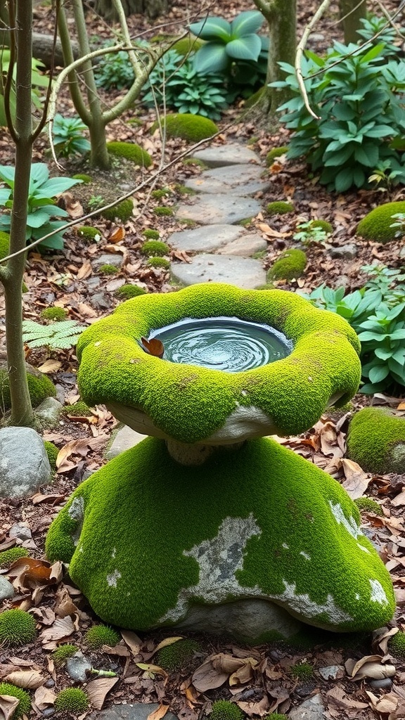 A natural rock bird bath covered in moss, surrounded by greenery and a stone path.