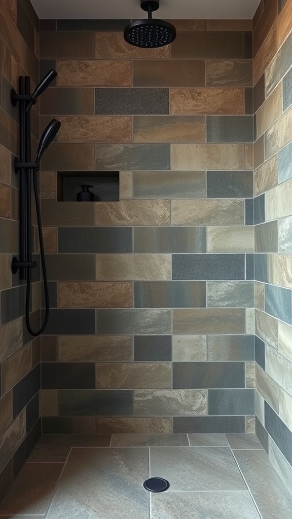 A rustic shower featuring natural slate stone tiles in earthy tones.