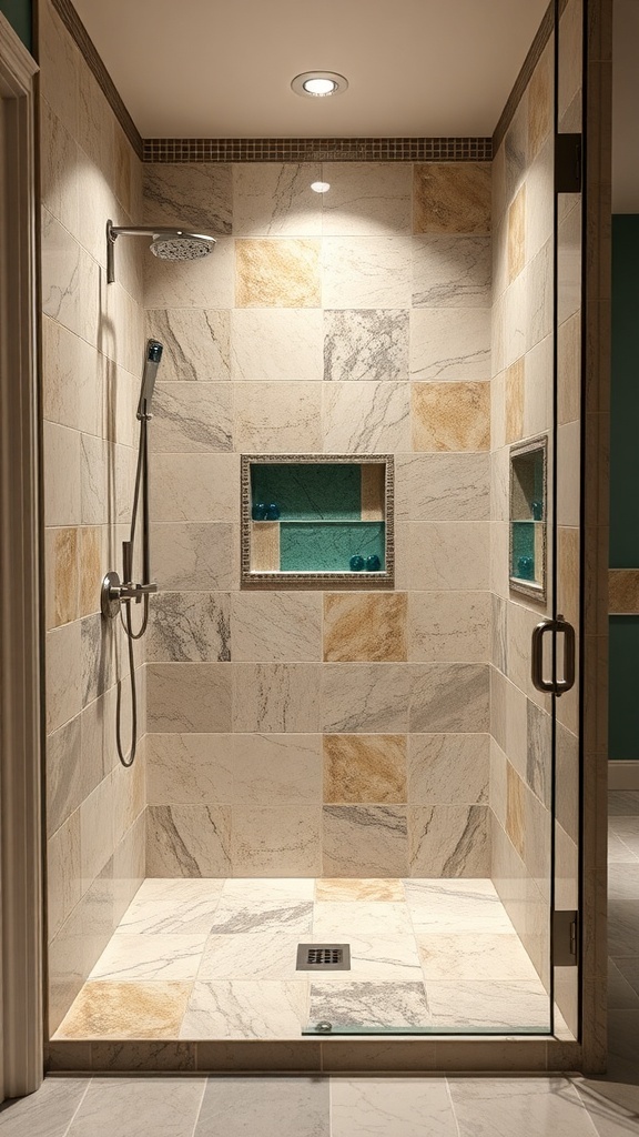 A modern walk-in shower featuring natural stone tiles and glass elements.