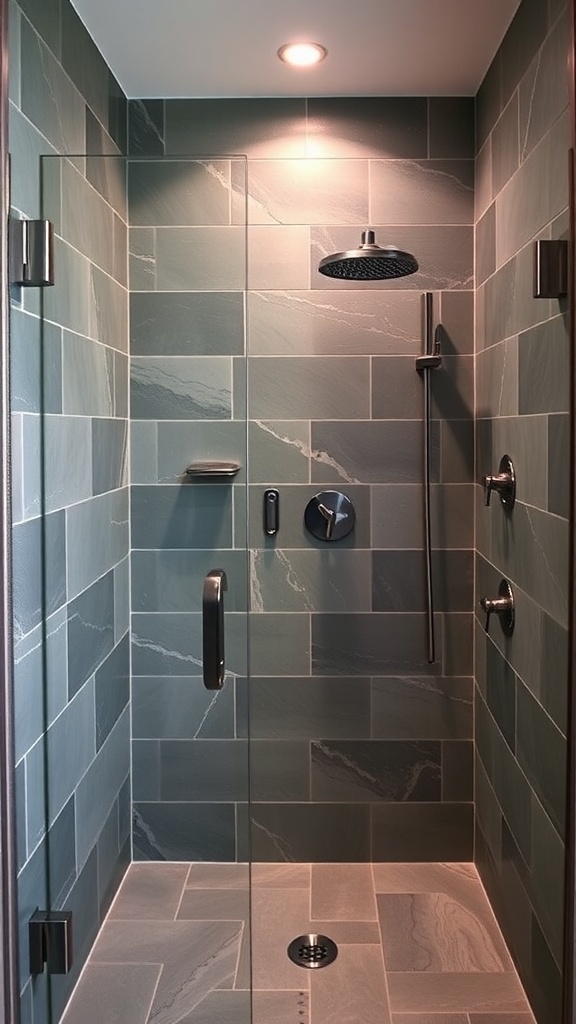 A luxurious shower featuring natural stone tiles in earthy tones.