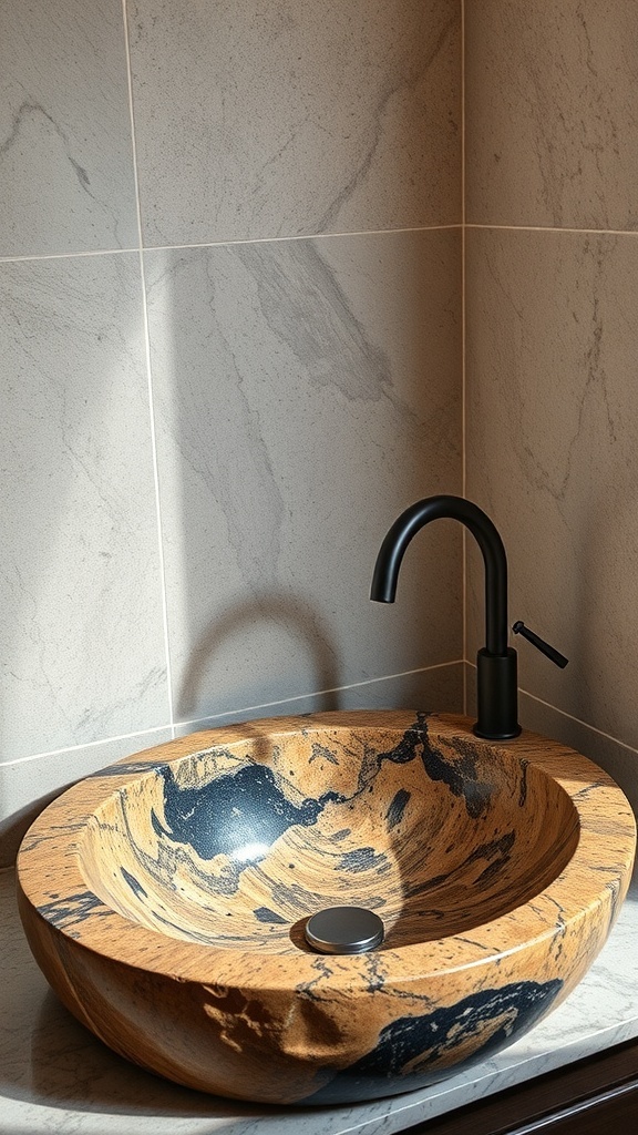 A natural stone sink with a unique design, paired with a matte black faucet, set against a light stone wall.