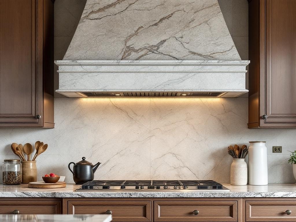 Stylish kitchen with a natural stone vent hood cover and wooden cabinets.