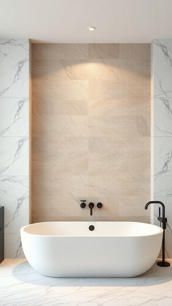 A modern bathroom featuring a natural stone slab accent wall behind a white bathtub, complemented by dark fixtures.