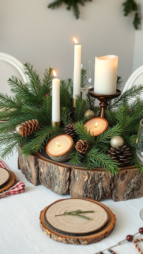 A natural table centerpiece featuring evergreen branches, candles, and wooden elements.