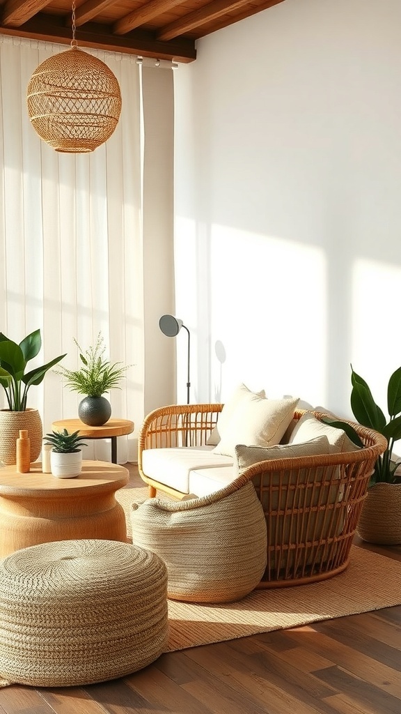 A cozy living space featuring natural textures with a rattan chair, wooden table, and soft poufs surrounded by plants.