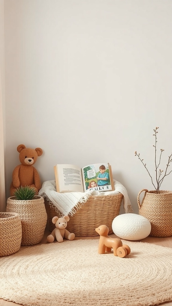 A cozy nursery corner featuring natural textures, including woven baskets, a jute rug, and soft toys, creating a warm atmosphere for reading.