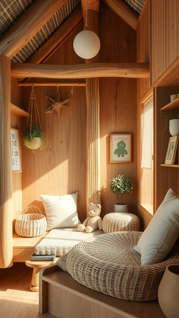 Cozy kids' corner with natural textures and moon-themed decor.