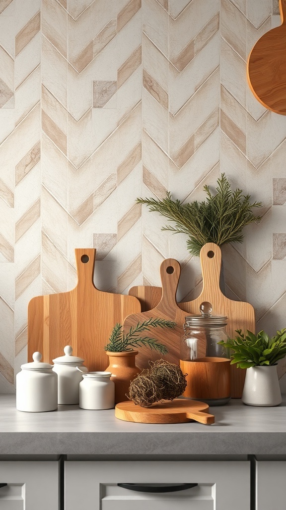 A kitchen countertop featuring wooden cutting boards, ceramic jars, and greenery against a herringbone tile backsplash.