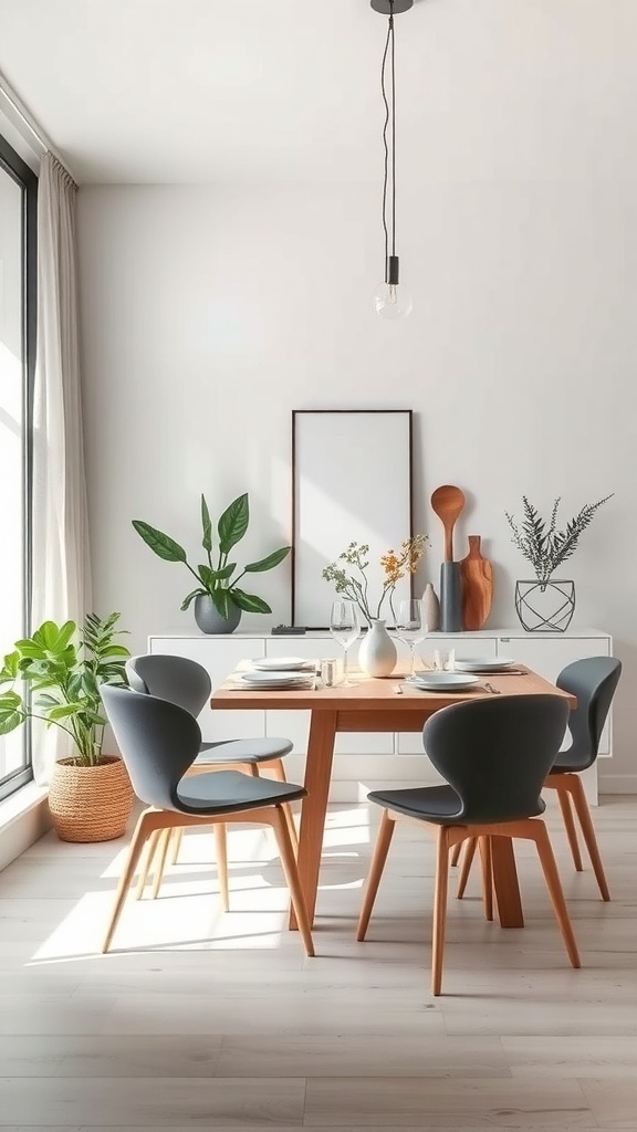 A modern dining room featuring a round wooden table, sleek fabric chairs, and a pendant light fixture, with potted plants and earthy tones.