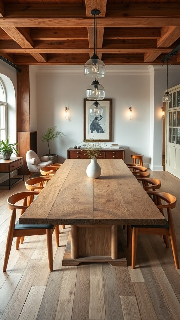 A cozy dining room featuring a large wooden table, stylish chairs, and natural wood accents.