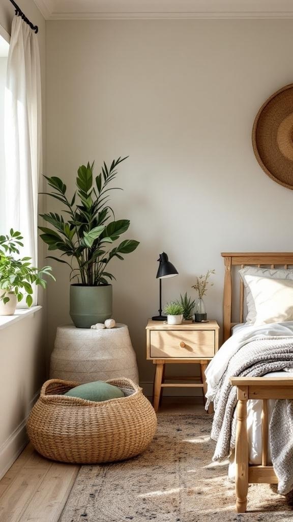 A cozy bedroom featuring a wooden bed frame, nightstand, and woven basket, complemented by green plants.