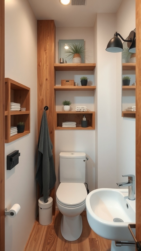 A small bathroom featuring natural wood accents, including shelves and a panel, alongside bright tiles.