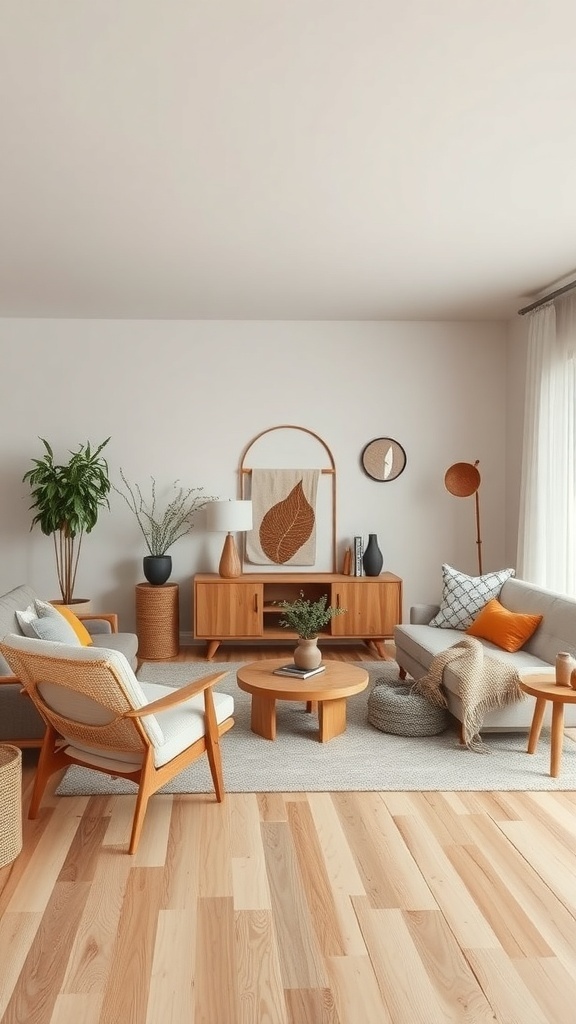 A cozy living room featuring natural wood accents, including furniture and flooring, with plants and decorative elements.